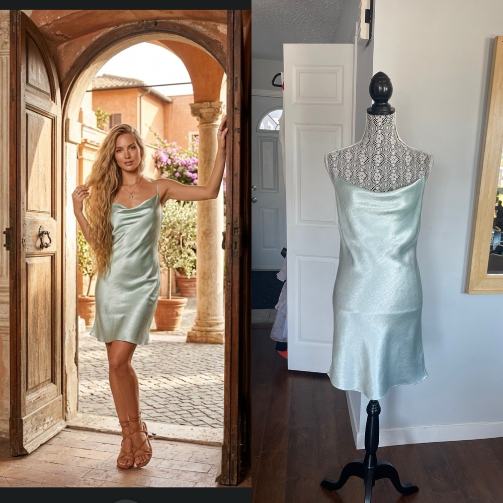Gorgeous Satin Open Back Slip Dress. Medium. Seafoam.